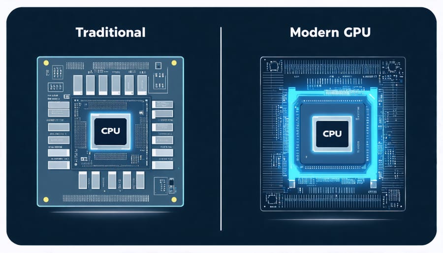 Architectural diagram comparing single-core CPU processing versus multiple parallel cores in a GPU