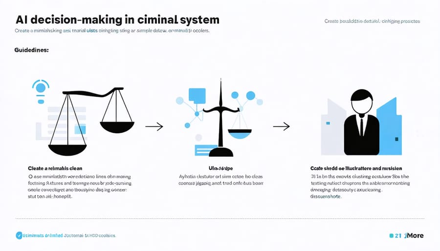 Flowchart depicting AI involvement in criminal justice decisions with ethical checkpoint markers