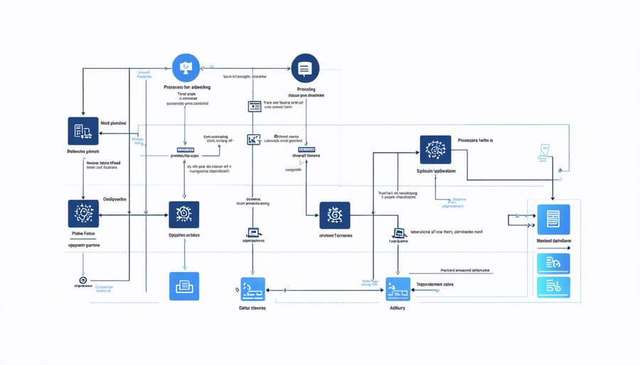Flowchart of AI data pipeline architecture with data sources, processing steps, and output stages