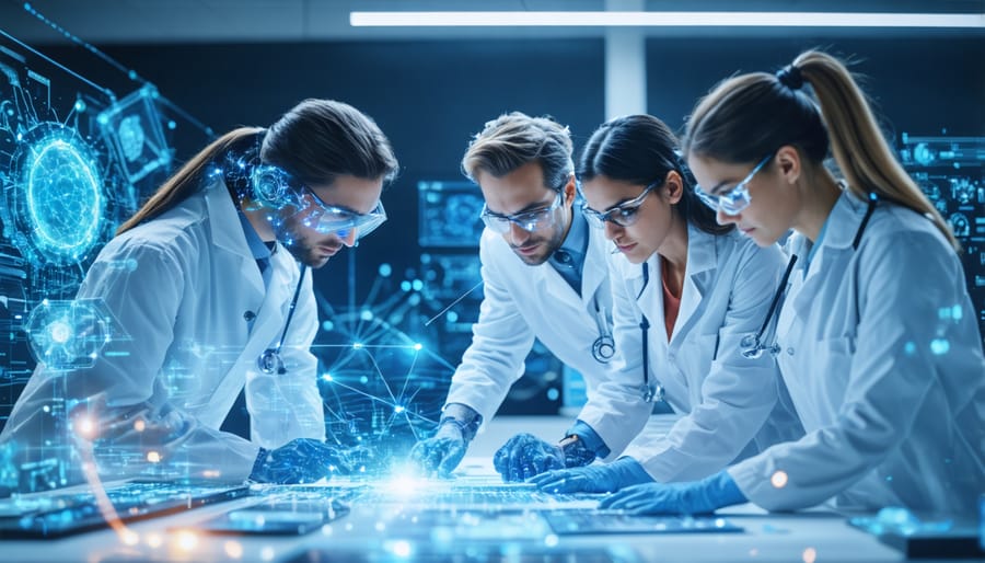 Multi-ethnic group of healthcare professionals and technologists working together on AI development