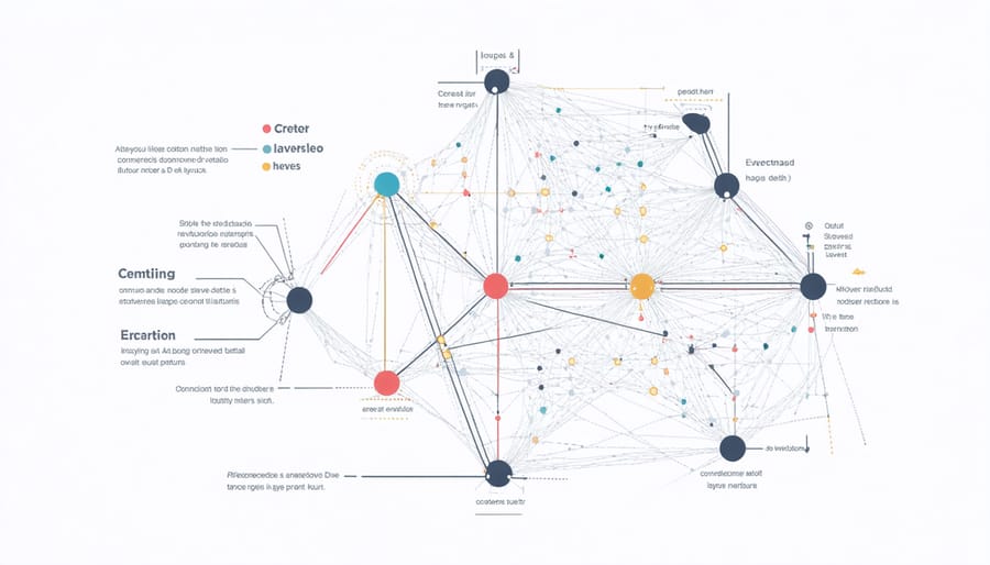 Conceptual diagram of an artificial neural network architecture with highlighted connections