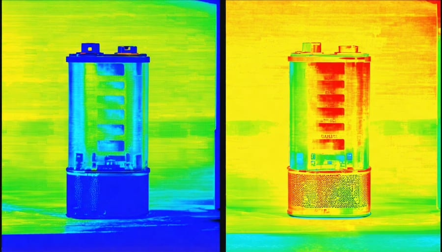 Thermal camera view comparing battery temperature distribution in traditional vs AI-managed cooling systems