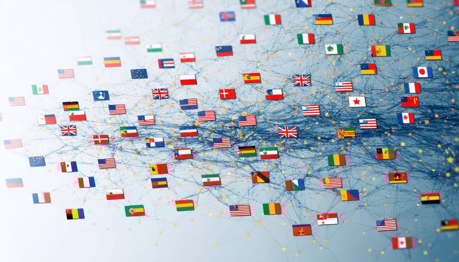 Global AI network visualization with flags representing international technological collaboration and competition