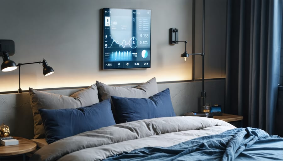 Modern bedroom equipped with smart sensors and environmental controls for sleep optimization