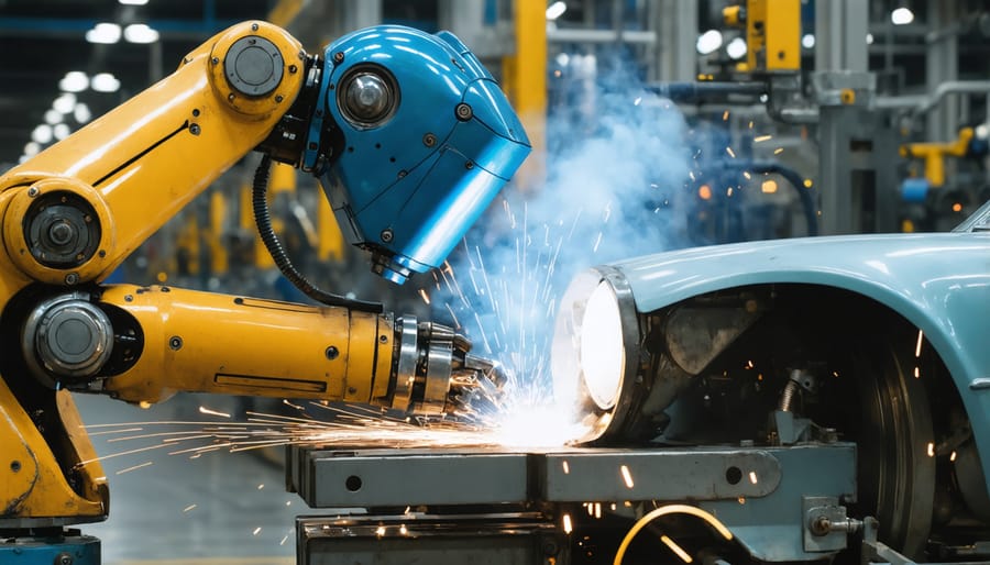 Historic photograph of the first Unimate industrial robot working in a General Motors factory