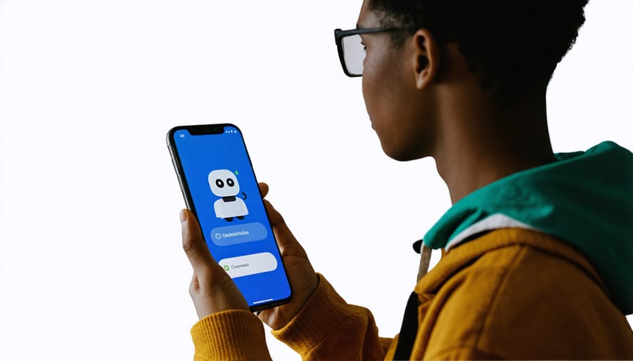 Individual using an AI-powered therapeutic chatbot application on a smartphone