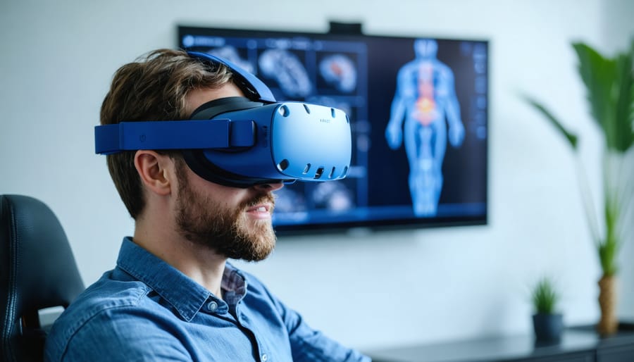 Person wearing VR headset performing guided physical therapy exercises with real-time motion tracking feedback