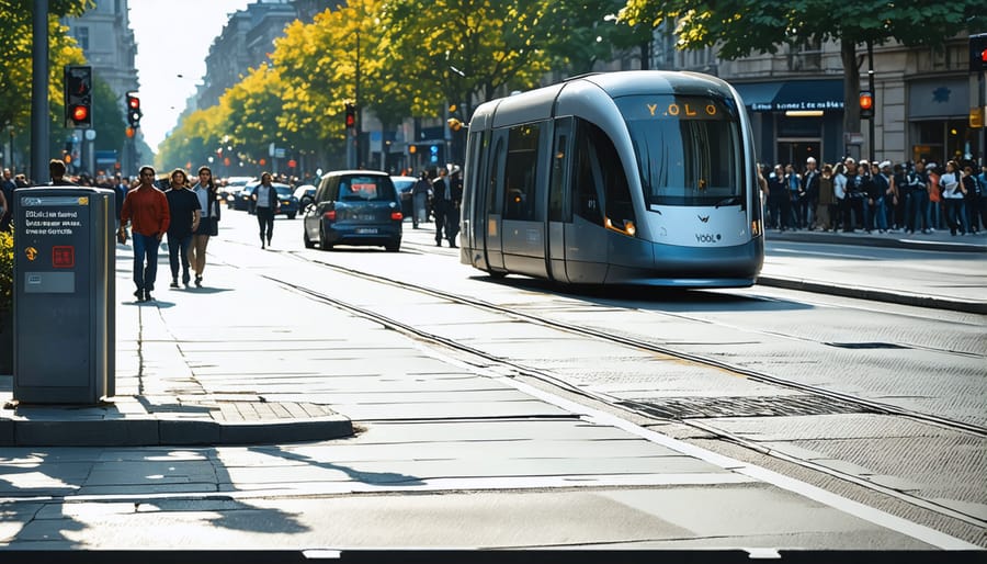 Urban street scene with multiple bounding boxes highlighting detected objects like cars, people, and traffic signs