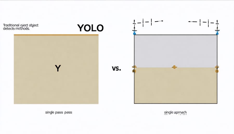 Split-screen comparison showing multi-stage traditional detection versus YOLO's unified detection process