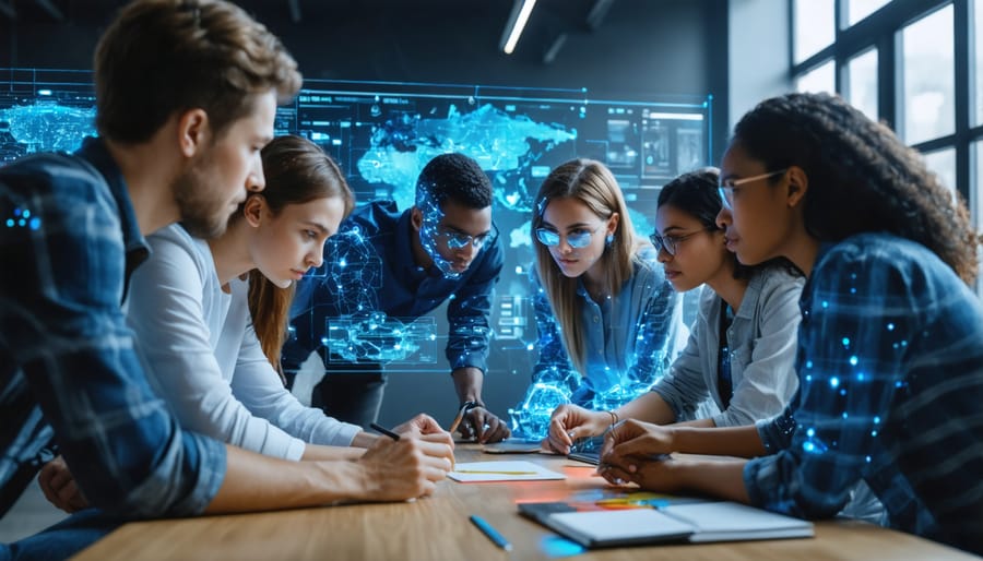 Multi-ethnic team of researchers discussing AI projects in a university environment