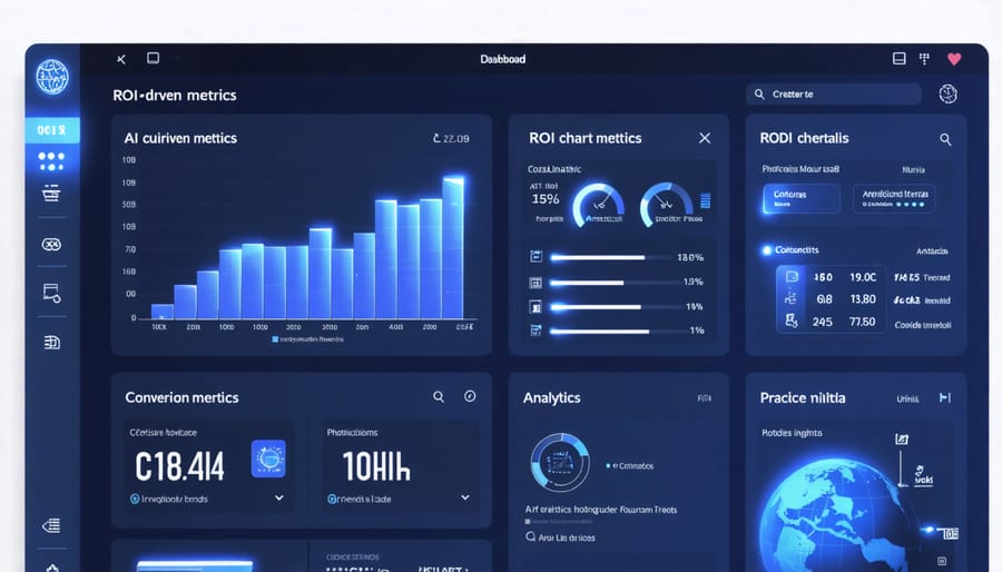 Business analytics dashboard displaying AI-powered metrics and ROI visualization