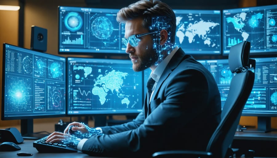 Executive using modern AI-powered data visualization tools in office setting