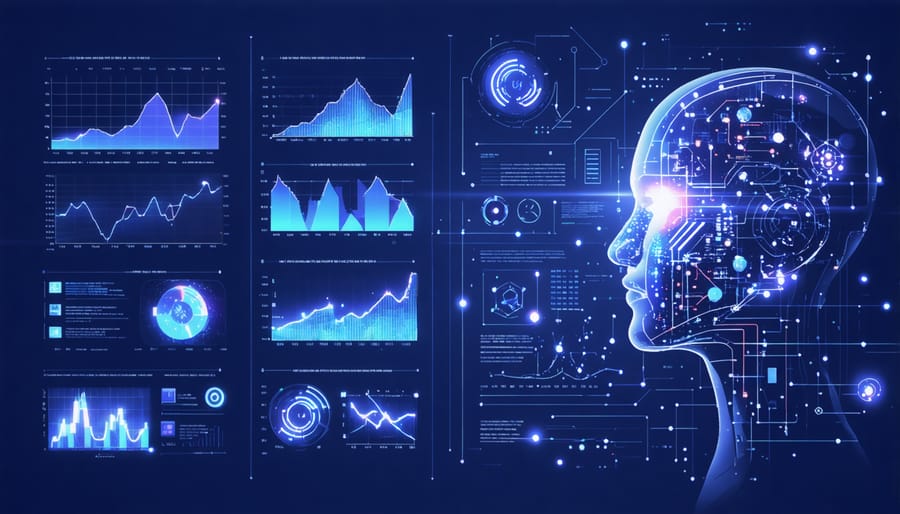 3D visualization of AI processing financial market data with floating charts and digital patterns