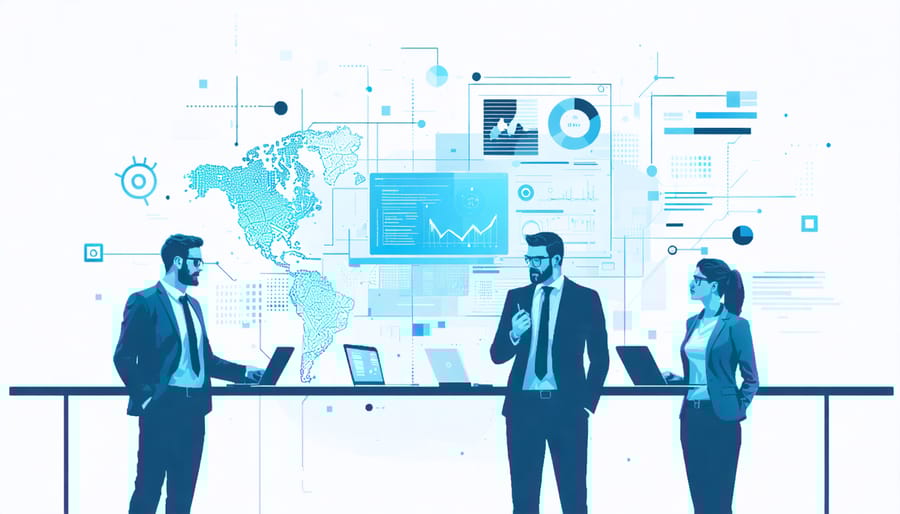 Team of diverse professionals examining holographic AI display in modern office