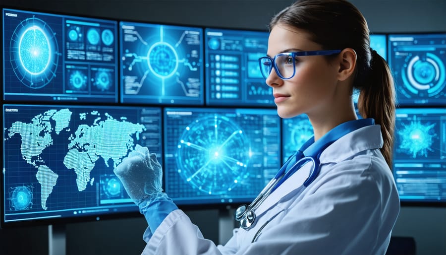 Doctor reviewing colorful AI health analytics dashboards showing patient risk predictions