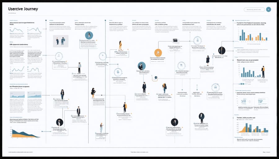 Digital user journey map interface with AI analytics overlay and dynamic touchpoint indicators