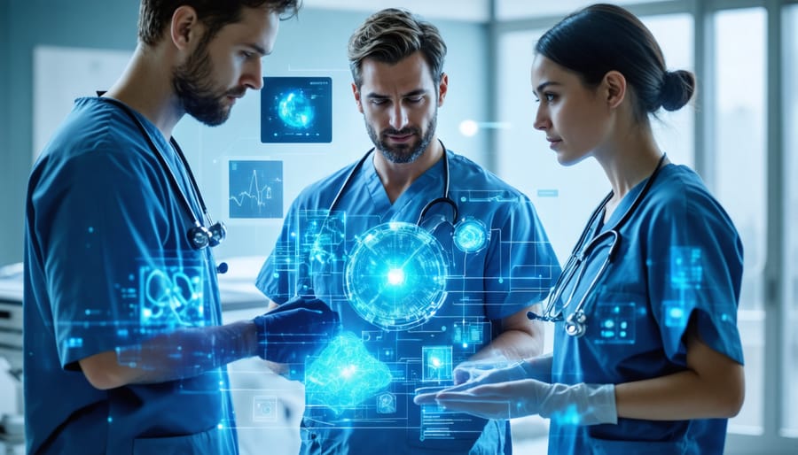 Healthcare providers working alongside AI technology in a clinical environment