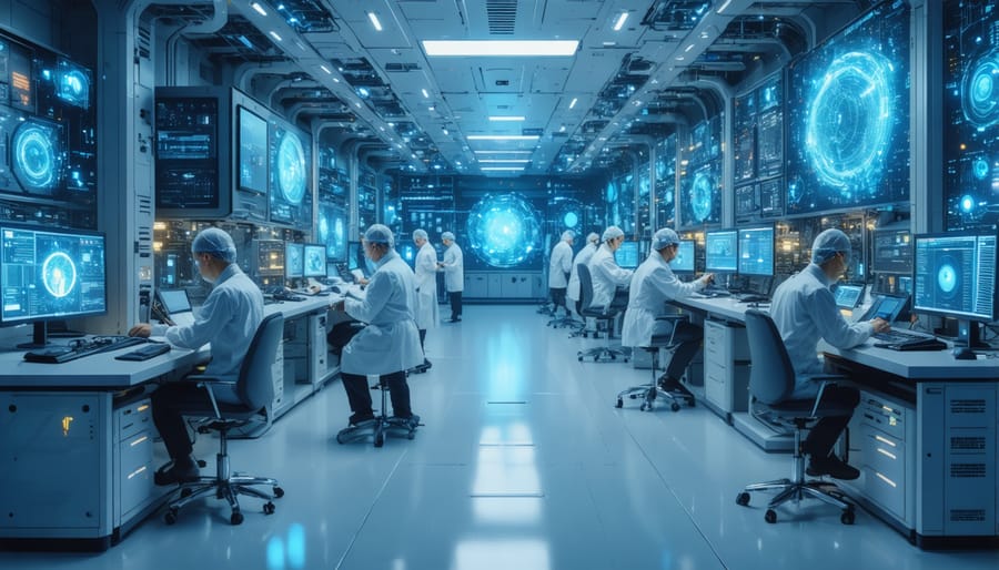 Interior view of a state-of-the-art AI research laboratory with researchers at work