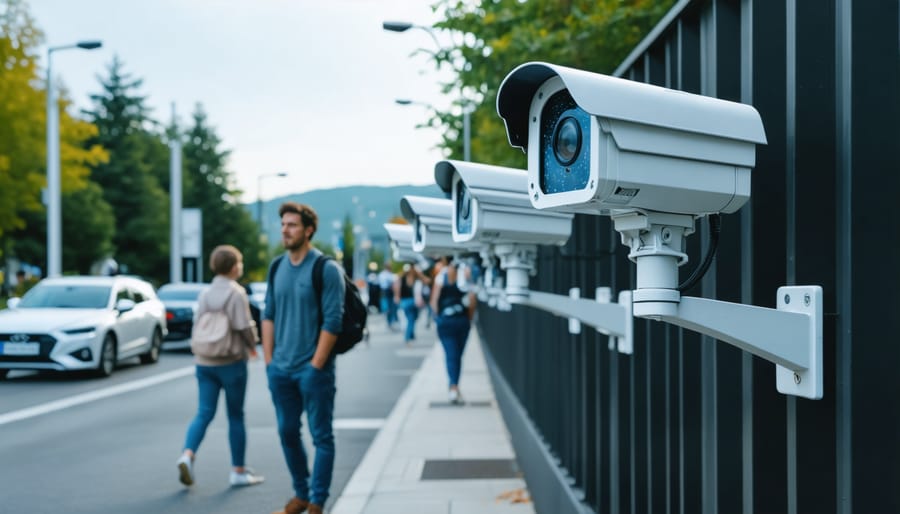 Silhouetted people standing before wall of security cameras and monitoring screens