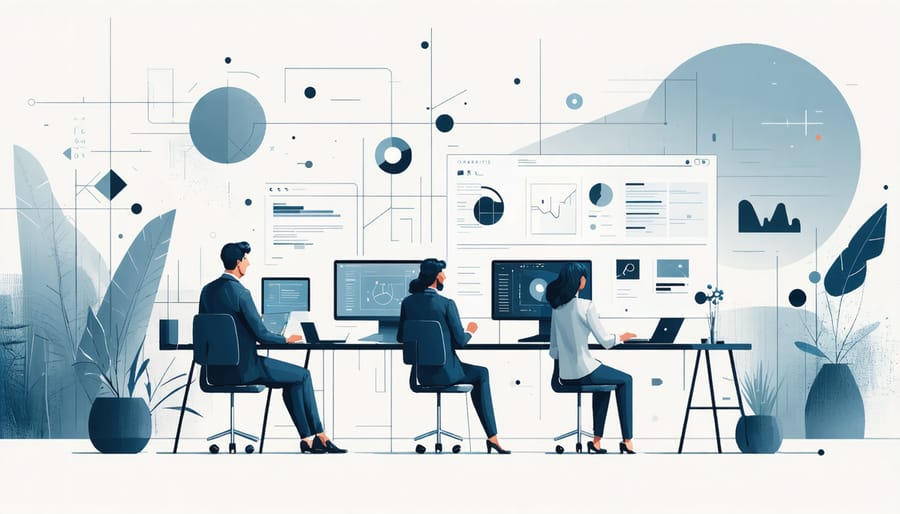 Business team collaboratively working with advanced technology in modern office setting