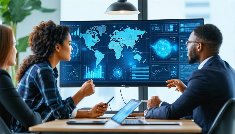 Multi-ethnic business team working with AI-powered decision support systems