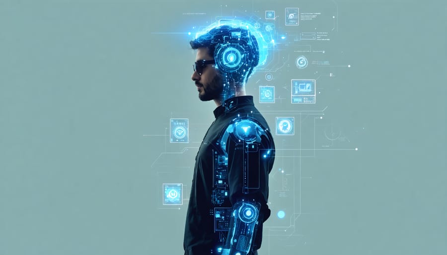 Individual with smartwatch and health monitors surrounded by holographic health data
