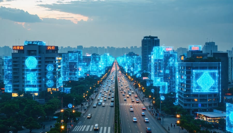 Modern Chinese smart city infrastructure with AI sensors and cameras at dusk