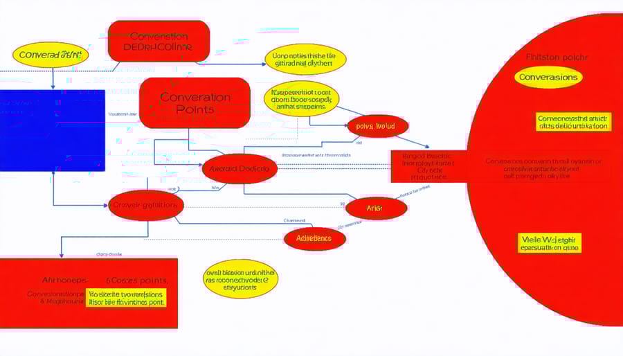 Visual representation of a conversational flow diagram with multiple interaction paths and decision nodes