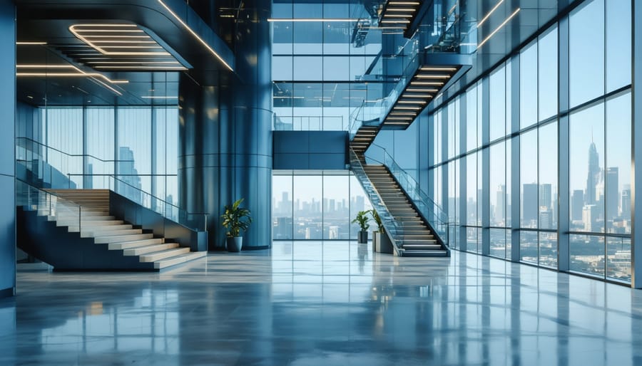 Modern office building exterior with distinctive architectural features