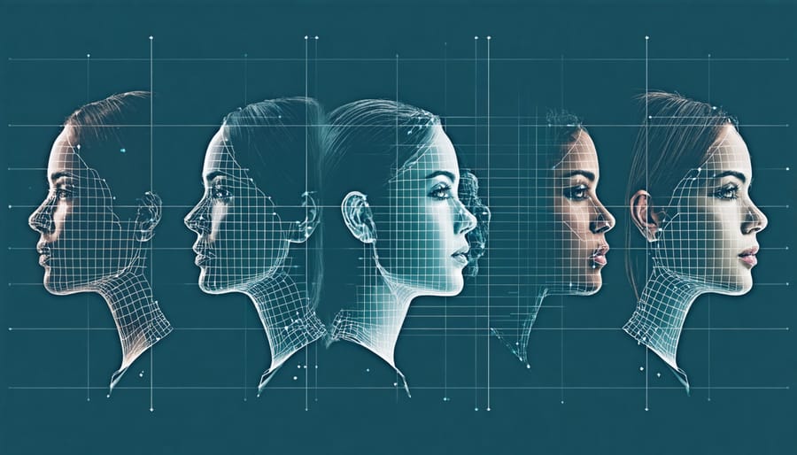 AI system analyzing facial features with digital markers highlighting key emotion detection points