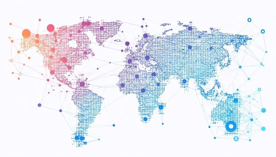 Abstract visualization of interconnected nodes representing international AI research networks
