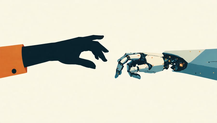 Human hand reaching toward artificial hand across reflective surface