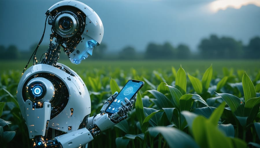 Indian farmer using smartphone AI technology to examine crops in field