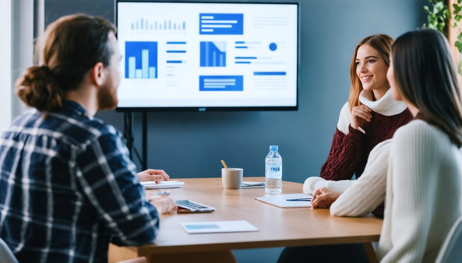 Professional mentor and mentee having an engaged discussion in modern office setting