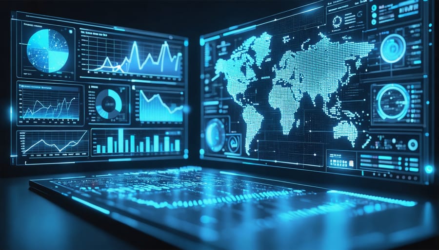 Futuristic holographic interface displaying AI-powered financial predictions and risk analysis