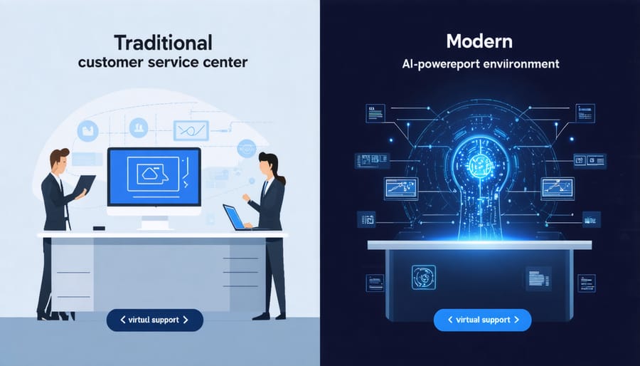 Side-by-side comparison of traditional call center and AI-powered digital customer service interface