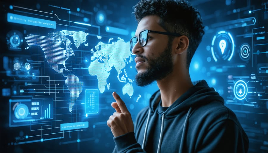 Individual interacting with a device using voice commands while AI visualization shows voice recognition in action