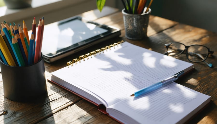 Overhead view of student desk with notebooks, digital devices, and study materials