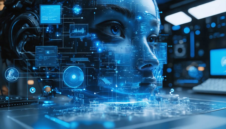 Team of data scientists collaborating together while viewing model results on screen