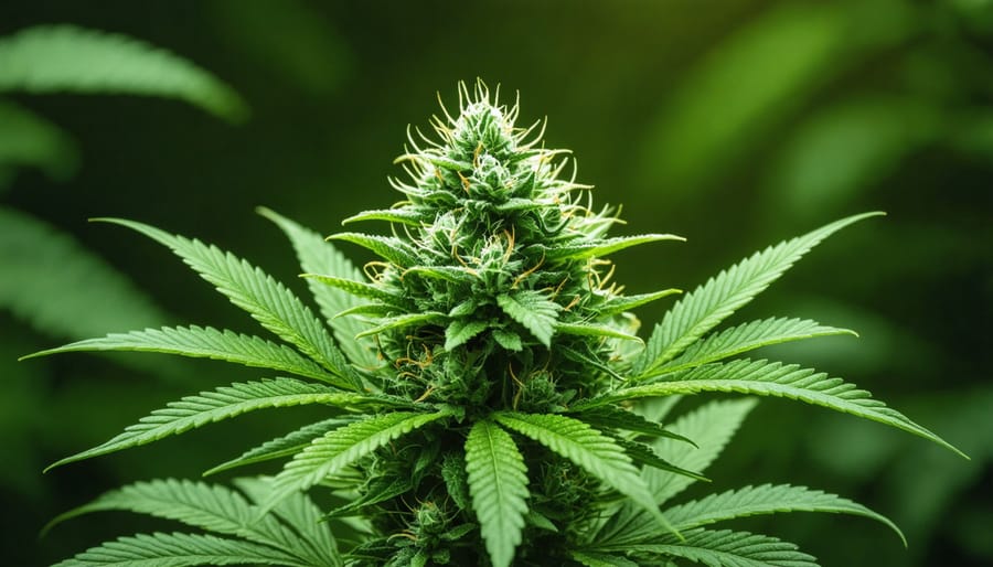 Cannabis leaf specimen next to laptop computer in laboratory setting