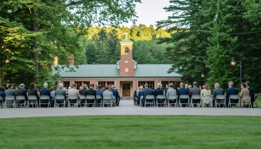 Vintage 1950s academic conference room with wooden furniture and blackboard