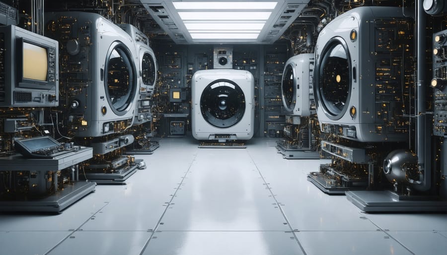 Computer scientist working at room-sized vintage computer with vacuum tubes in 1950s laboratory