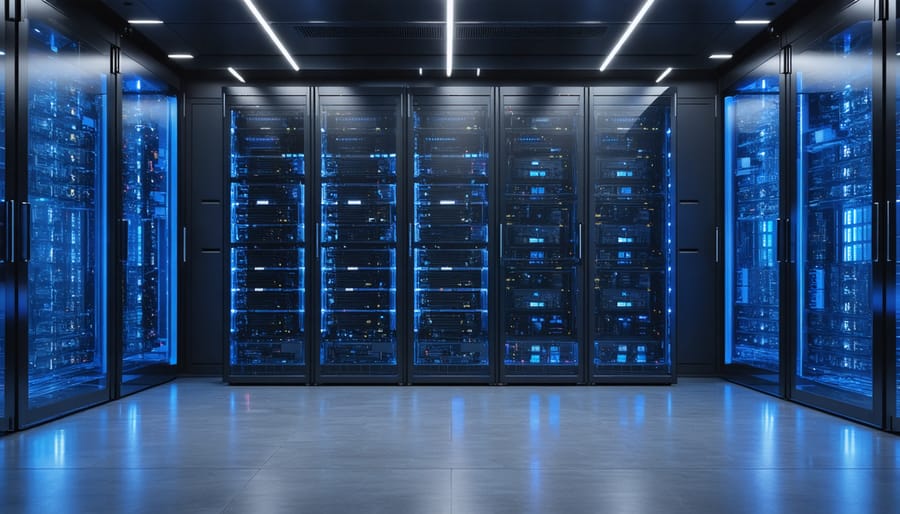Data center with illuminated GPU servers and networking equipment