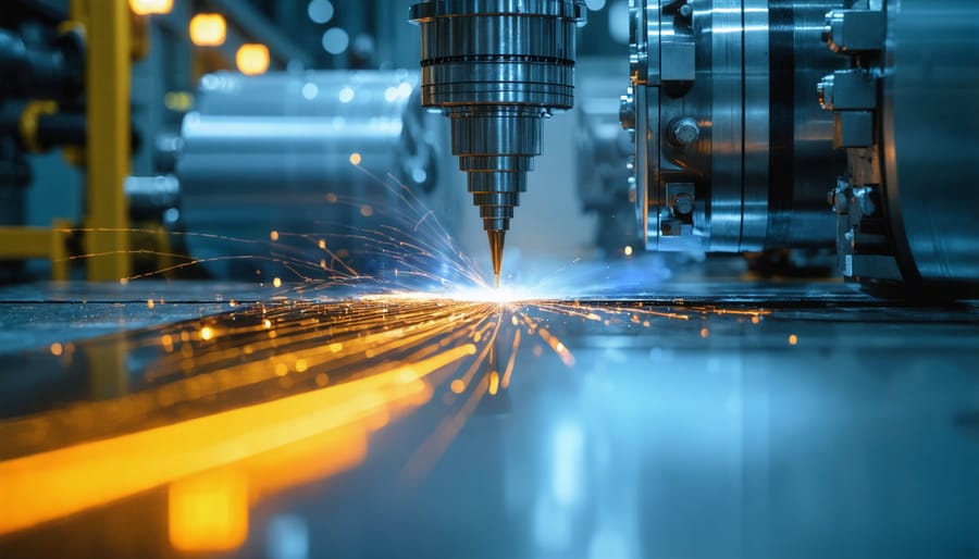 Factory worker inspecting industrial robotic equipment in manufacturing facility