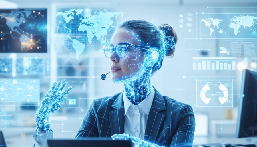 Customer service representative using machine learning tools on laptop