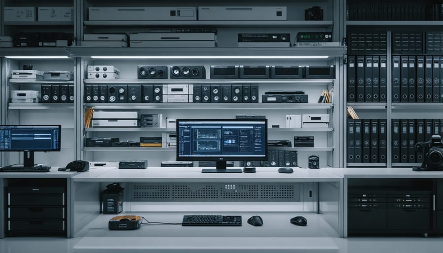Organized laptop workspace with clean documentation and coffee on wooden desk