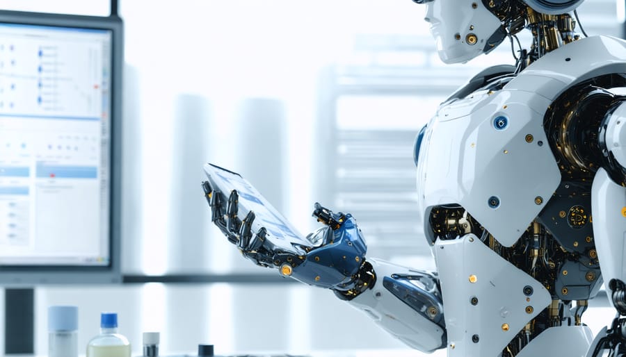 Diverse team of professionals collaborating on AI integration project in modern office setting