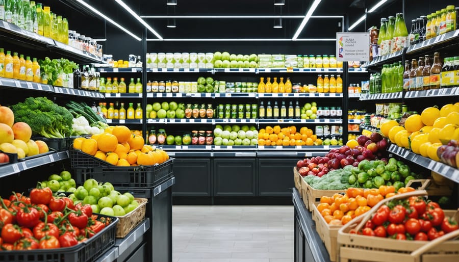Well-stocked grocery store produce section with fresh fruits and vegetables