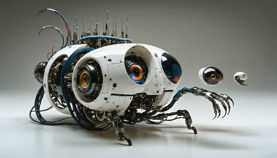 Close-up of vintage perceptron neural network hardware showing photocells and electrical components