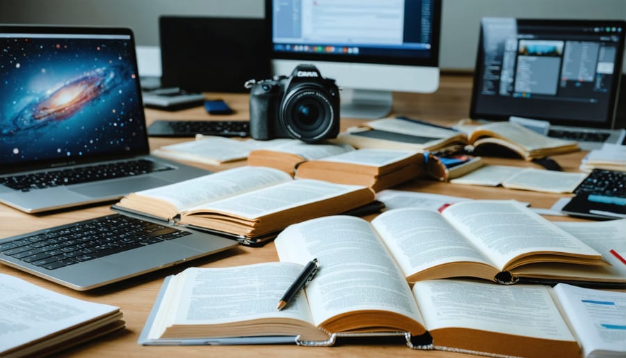 Cluttered desk with scattered notebooks, sticky notes, and laptops showing disorganized workspace